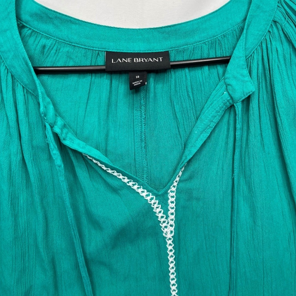 Lane Bryant Teal Embroidered Peasant Blouse Tassel Tie Top Size 18 Boho Rayon - Picture 4 of 13